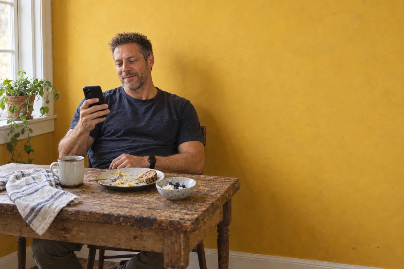 A man smiling at his phone over the end of his breakfast