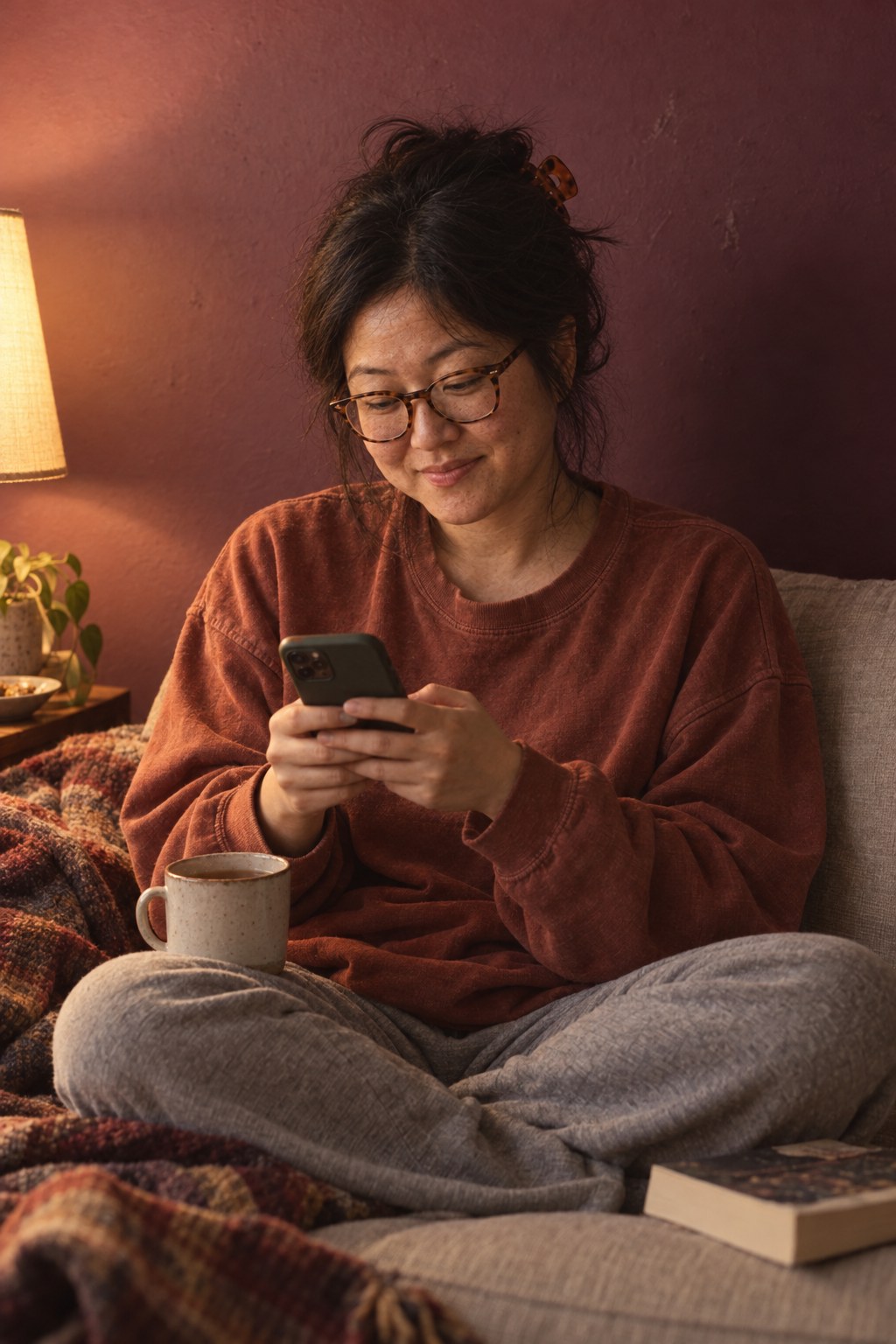 A woman with tea typing on her phone in the evening