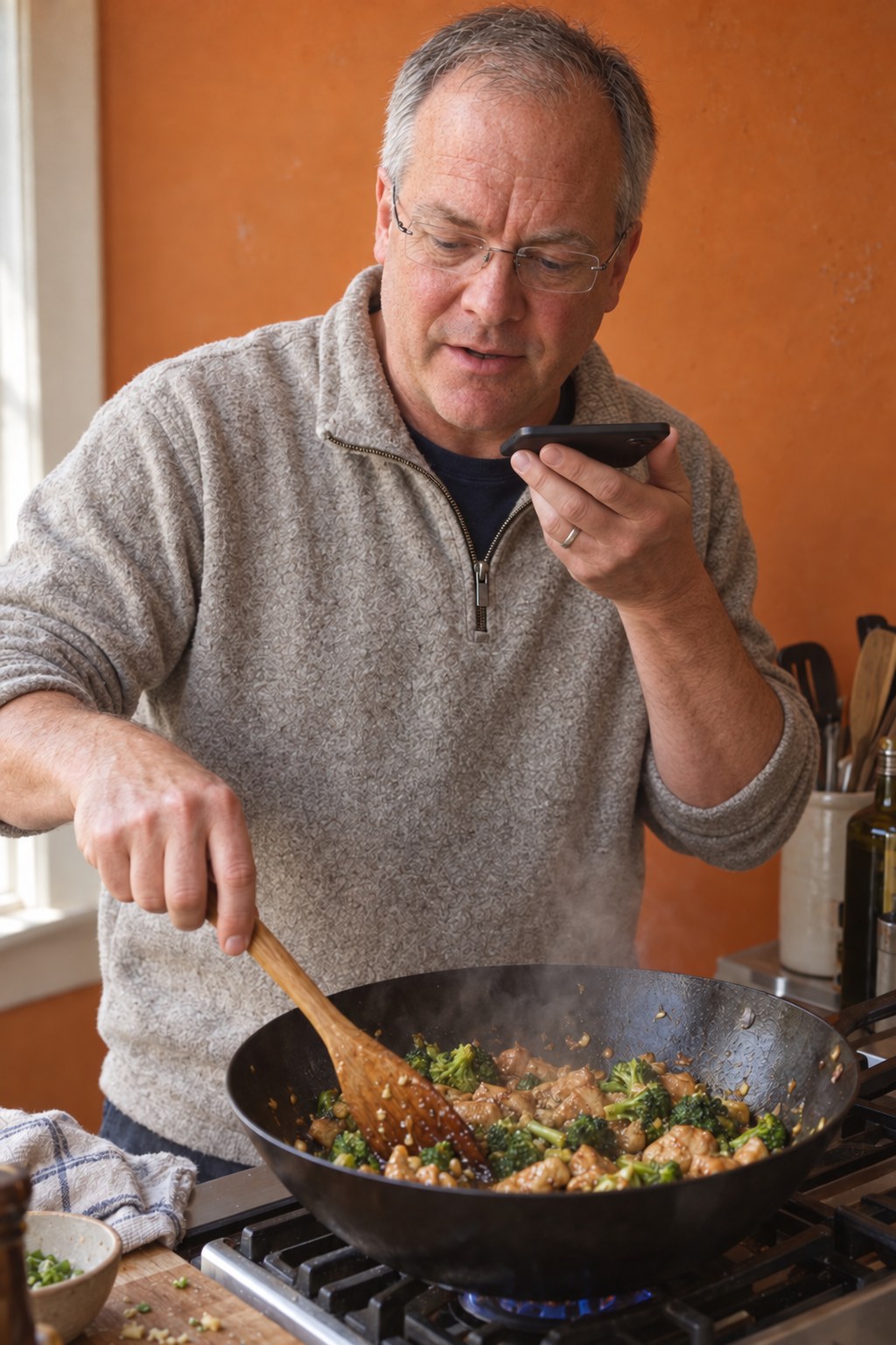 A man cooking a stir fry, talking to his phone